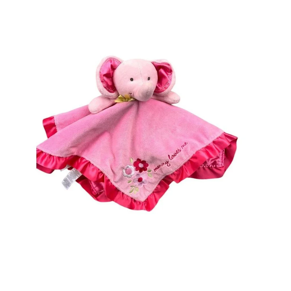 Carters Lovey Elephant Pink Satin Mommy Loves Me Stuffed Rattle Blanket Flowers